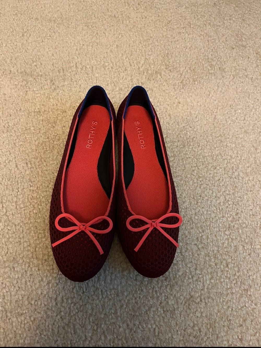 Rothy's Burgundy Knit Ballet Flats with Coral Bow Trim